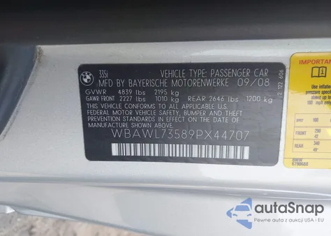 2009 BMW 335I из США, поврежденный, VIN WBAWL73589PX44707